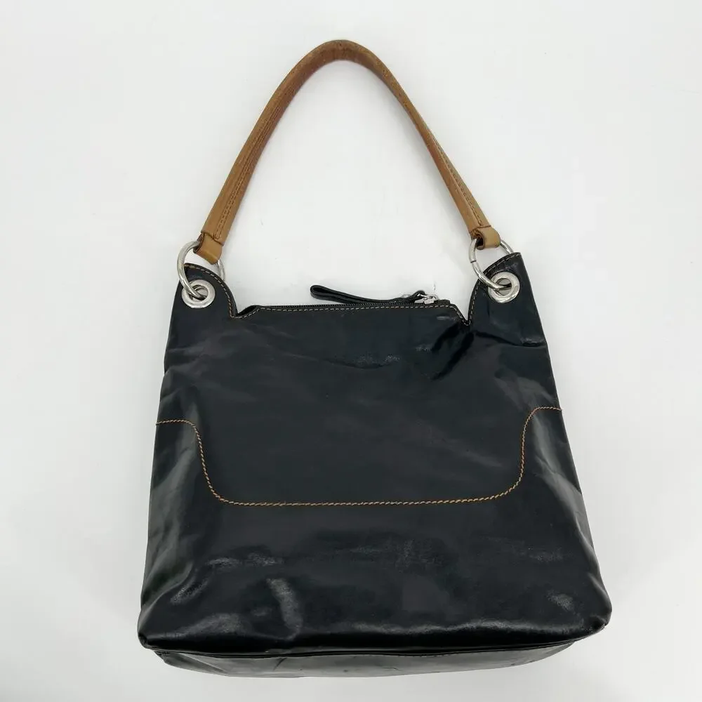 Coccinelle Hobo Shoulder Bag Black Leather Brown Strap Stitching Italian READ